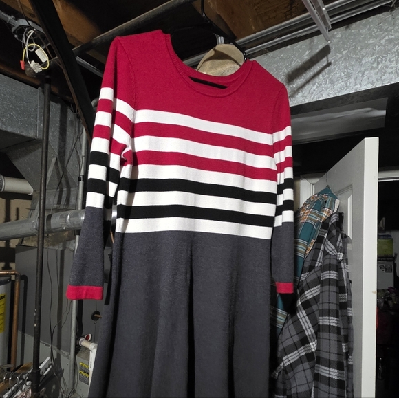Dresses & Skirts - Striped Red and Gray Long Sleeve Sweater Dress